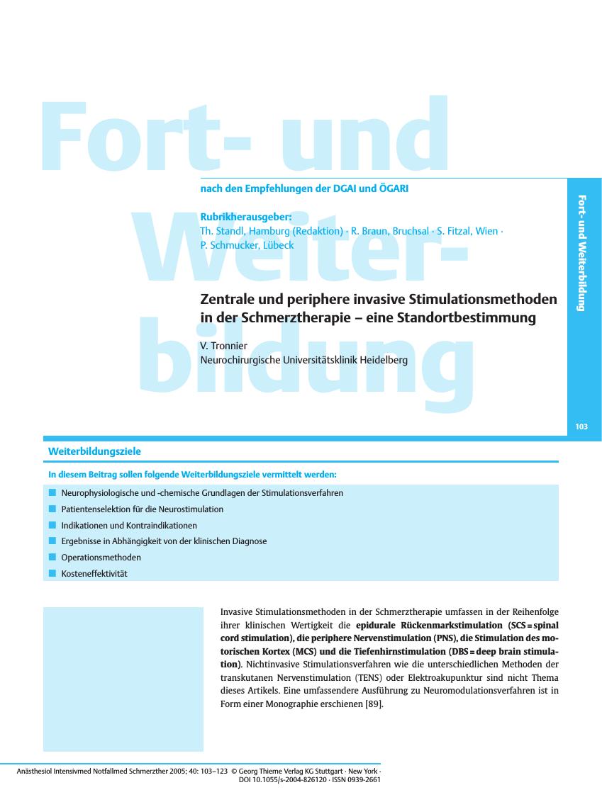 Vorschauseite 1: Zentrale und periphere invasive Stimulationsmethoden in der Schmerztherapie - eine Standortbestimmung