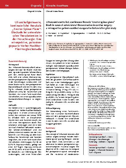 Vorschauseite 1: Ultraschallgesteuerte, kontinuierliche thorakale „Erector Spinae Plane“-Blockade bei anterolateralen Thorakotomien in der Herzchirurgie: Eine retrospektive, patientengepaarte Vorh…