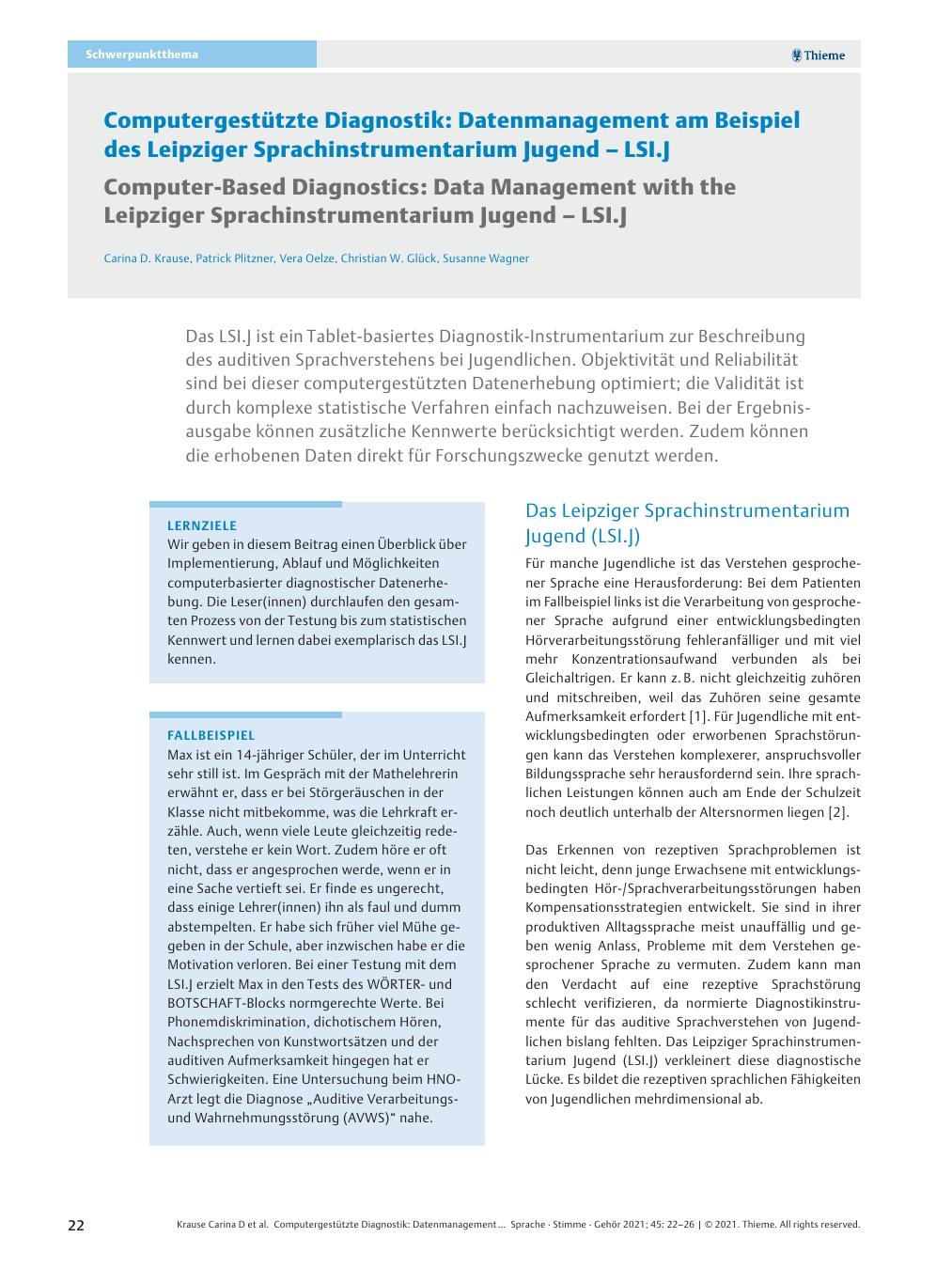 Vorschauseite 1: Computergestützte Diagnostik: Datenmanagement am Beispiel des Leipziger Sprachinstrumentarium Jugend – LSI. J.