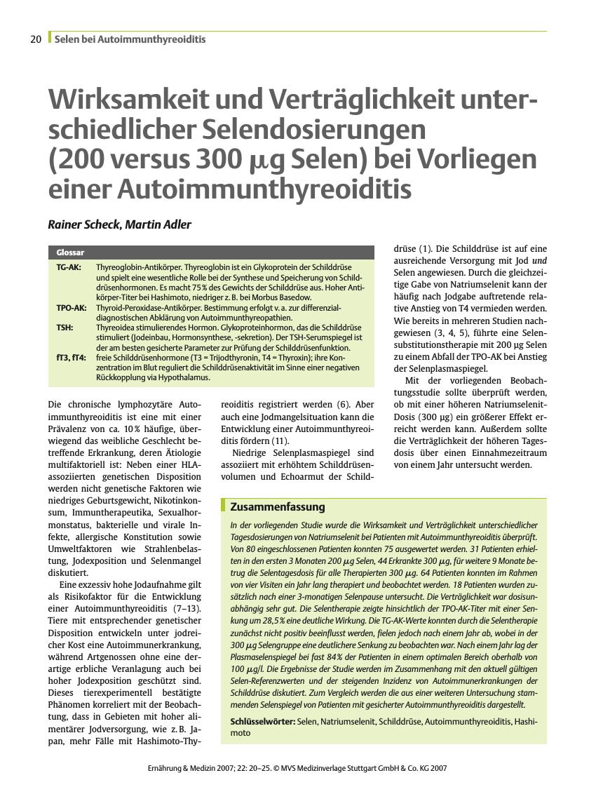 Vorschauseite 1: Wirksamkeit und Verträglichkeit unterschiedlicher Selendosierungen (200 versus 300 mg Selen) bei Vorliegen einer Autoimmunthyreoiditis