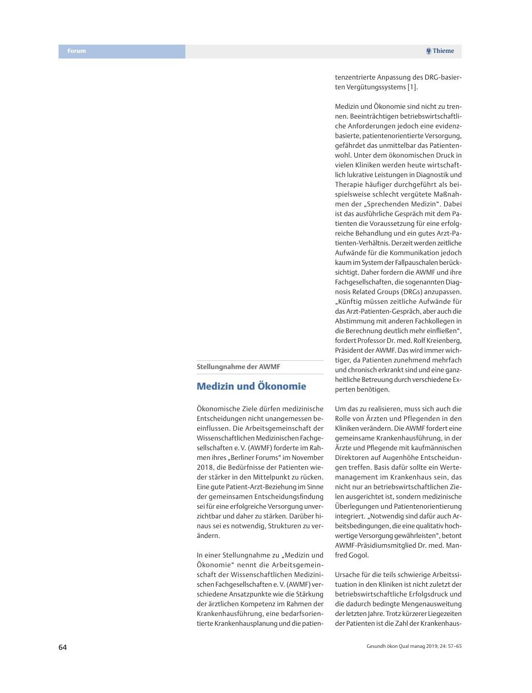 Vorschauseite 1: Stellungnahme der AWMF ? Medizin und Ökonomie