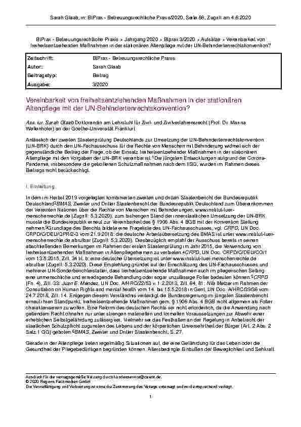 Vorschauseite 1: Vereinbarkeit von Freiheitsentziehenden Maßnahmen in der stationären Altenpflege mit der UN-Behindertenrechtskonvention?