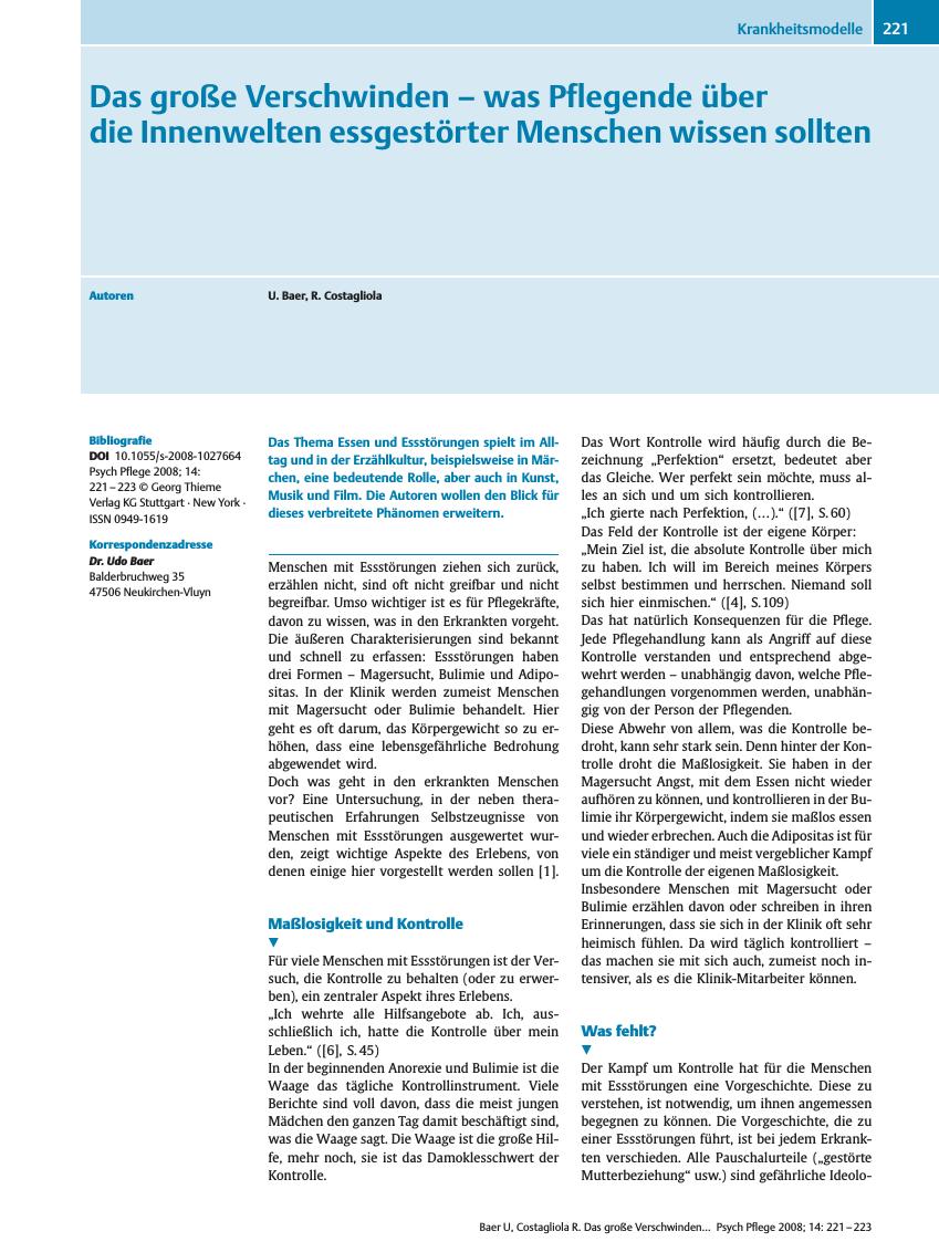 Vorschauseite 1: Das große Verschwinden ? was Pflegende über die Innenwelten essgestörter Menschen wissen sollten