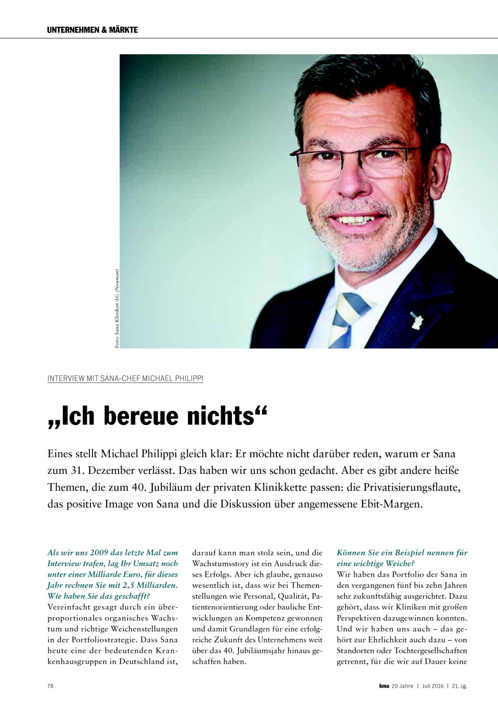 Vorschauseite 1: Interview mit Sana-Chef Michael Philippi: ?Ich bereue nichts?