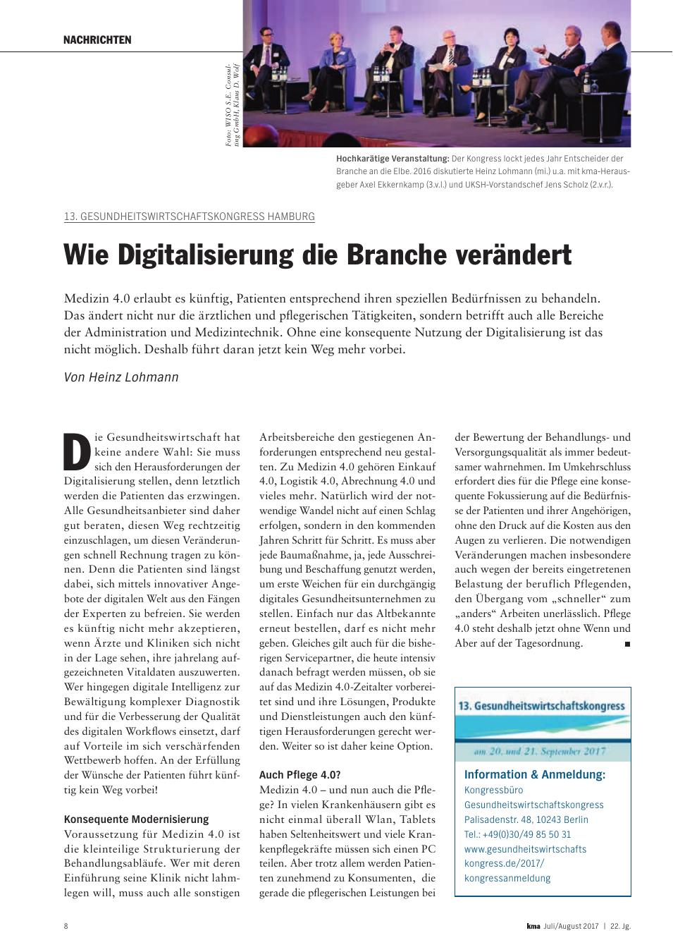 Vorschauseite 1: 13. Gesundheitswirtschaftskongress Hamburg: Wie Digitalisierung die Branche verändert