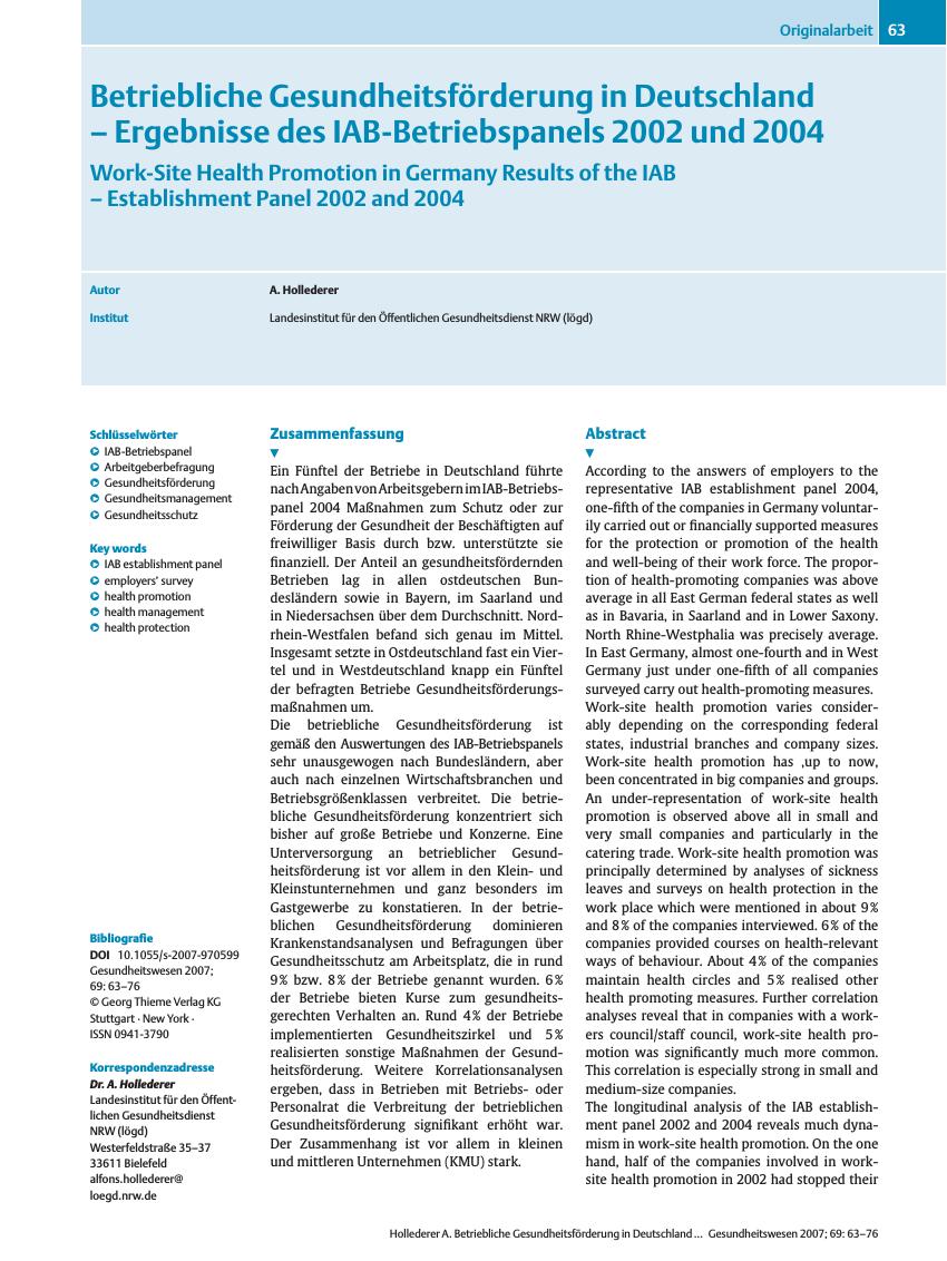 Vorschauseite 1: Betriebliche Gesundheitsförderung in Deutschland - Ergebnisse des IAB-Betriebspanels 2002 und 2004