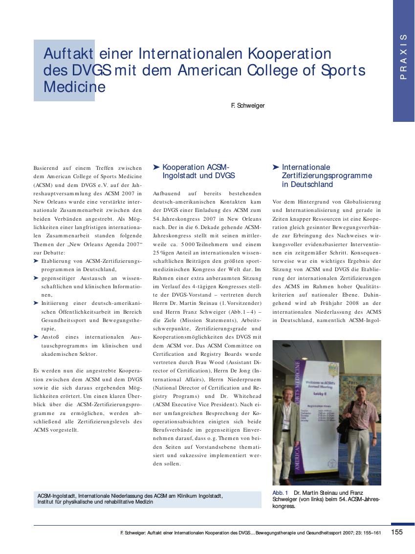 Vorschauseite 1: Auftakt einer Internationalen Kooperation des DVGS mit dem American College of Sports Medicine