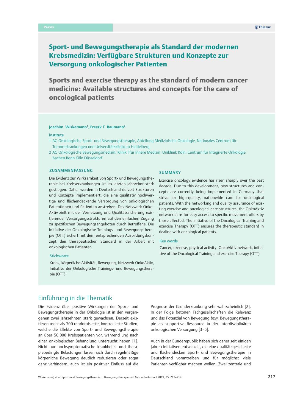 Vorschauseite 1: Sportund Bewegungstherapie als Standard der modernen Krebsmedizin: Verfügbare Strukturen und Konzepte zur Versorgung onkologischer Patienten