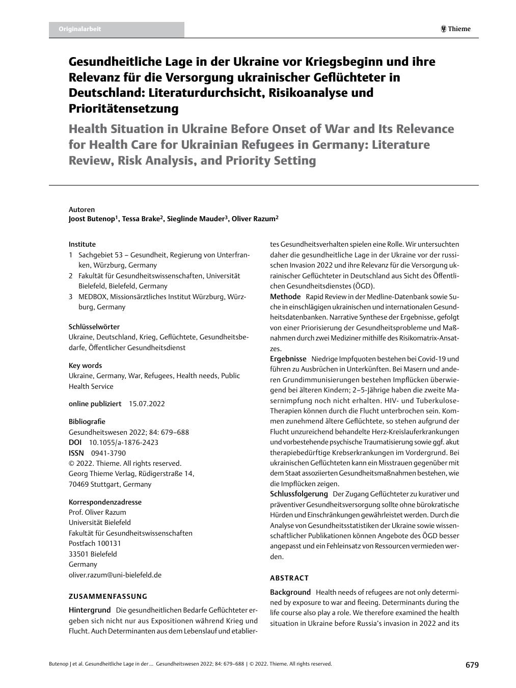 Vorschauseite 1: Gesundheitliche Lage in der Ukraine vor Kriegsbeginn und ihre Relevanz für die Versorgung ukrainischer Geflüchteter in Deutschland: Literaturdurchsicht, Risikoanalyse und Prioritä…
