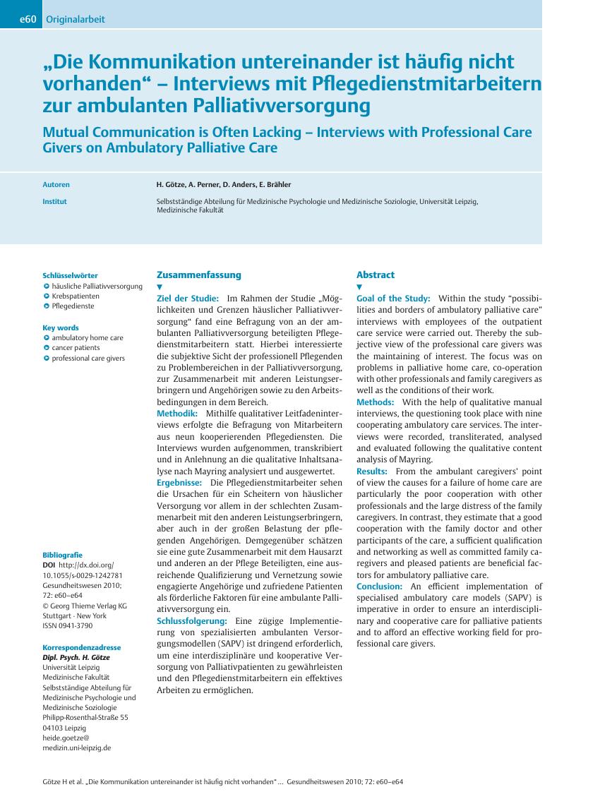 Vorschauseite 1: „Die Kommunikation untereinander ist häufig nicht vorhanden” – Interviews mit Pflegedienstmitarbeitern zur ambulanten Palliativversorgung