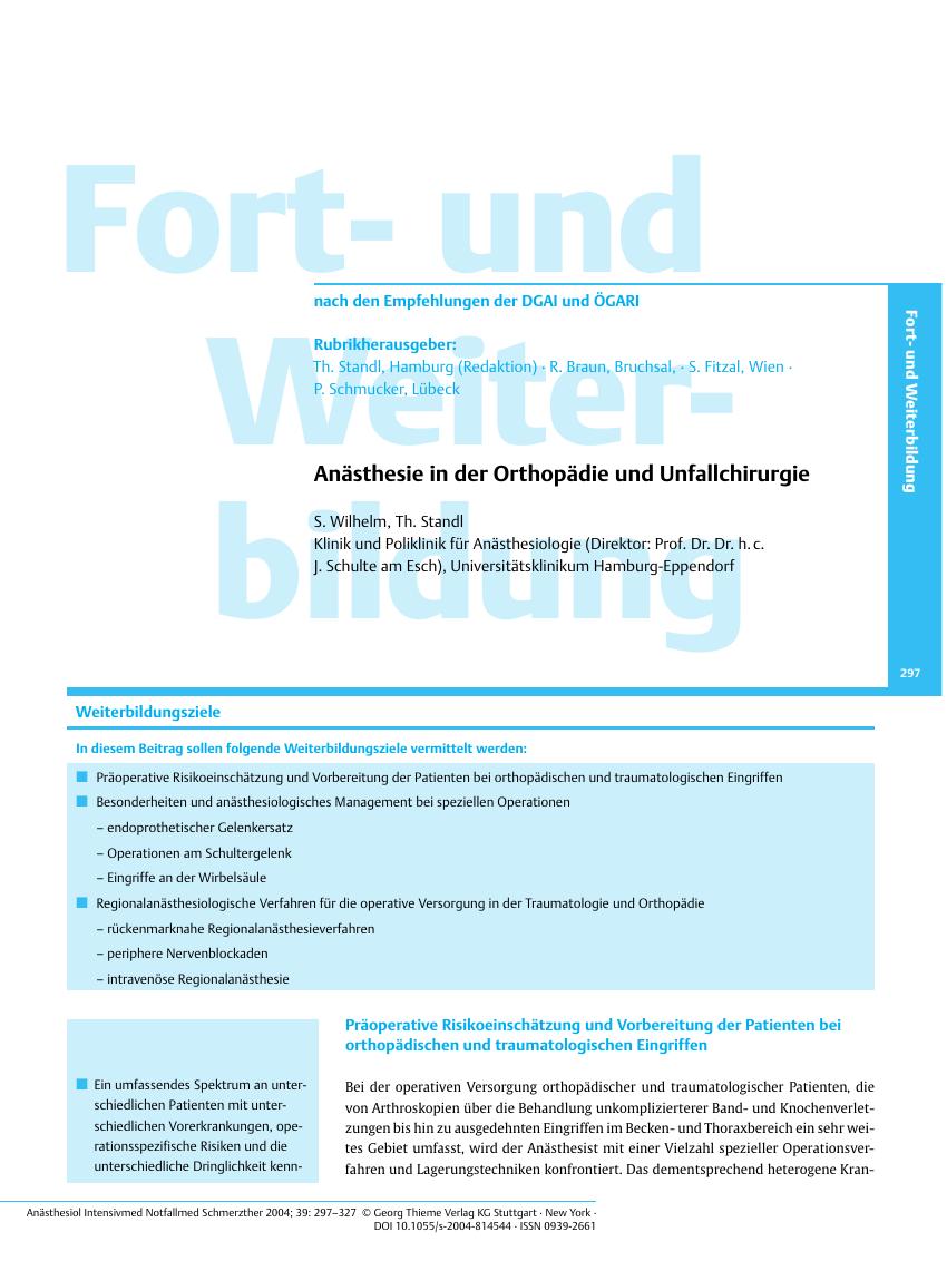 Vorschauseite 1: Anästhesie in der Orthopädie und Unfallchirurgie