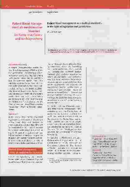 Vorschauseite 1: Patient Blood Management als medizinischer Standard - im Lichte von Gesetz und Rechtsprechung