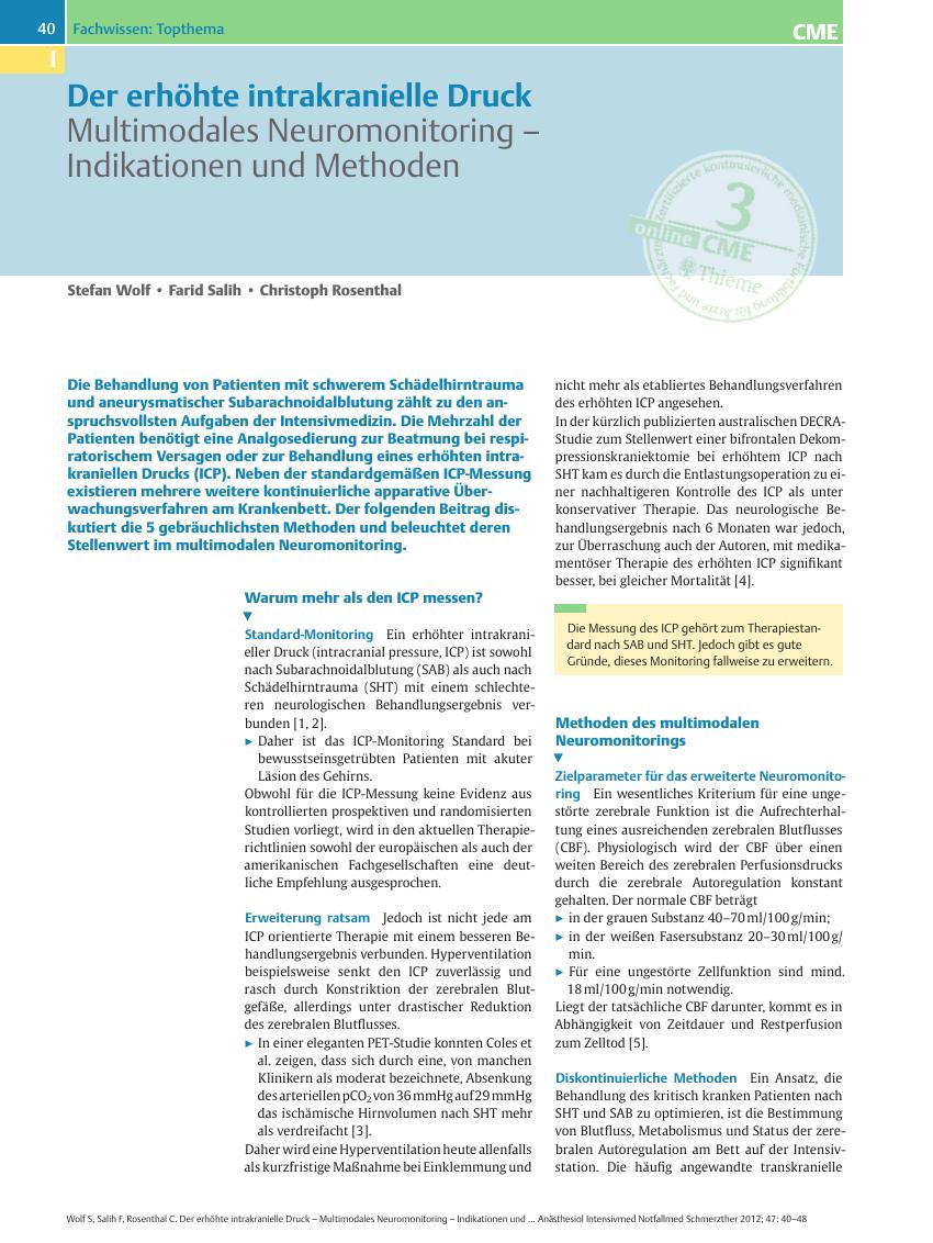 Vorschauseite 1: Der erhöhte intrakranielle Druck – Multimodales Neuromonitoring – Indikationen und Methoden