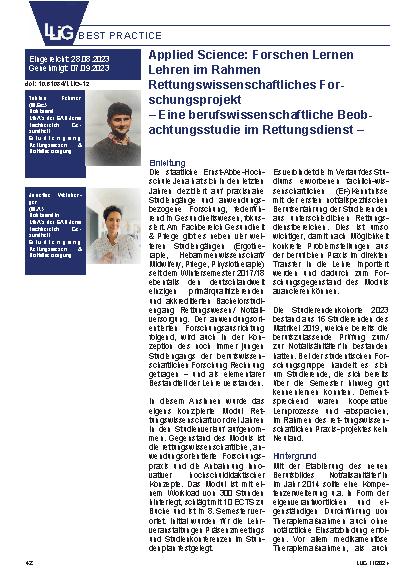 Vorschauseite 1: Applied Science: Forschen Lernen Lehren im Rahmen rettungswissenschaftliches Forschungsprojekt – Eine berufswissenschaftliche Beobachtungsstudie im Rettungsdienst –
