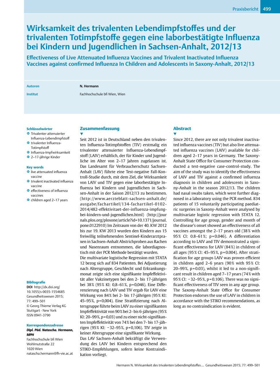 Vorschauseite 1: Wirksamkeit des trivalenten Lebendimpfstoffes und der trivalenten Totimpfstoffe gegen eine laborbestätigte Influenza bei Kindern und Jugendlichen in Sachsen-Anhalt, 2012/13