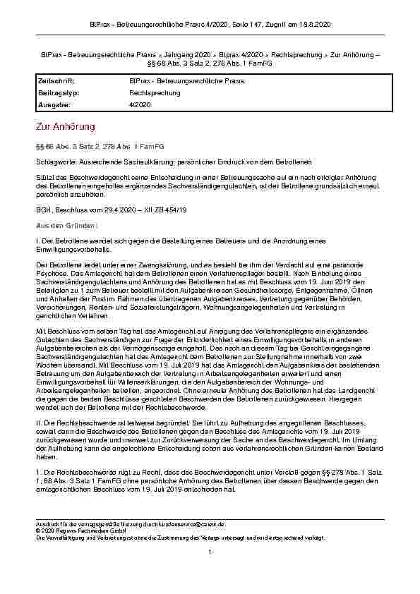 Vorschauseite 1: Zur Anhörung §§ 68 Abs. 3 Satz 2, 278 Abs. 1 FamFG