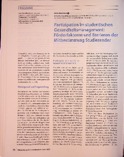 Vorschauseite 1: Partizipation im studentischen Gesundheitsmanagement: Förderfaktoren und Sanieren der Mitbestimmung Studierender