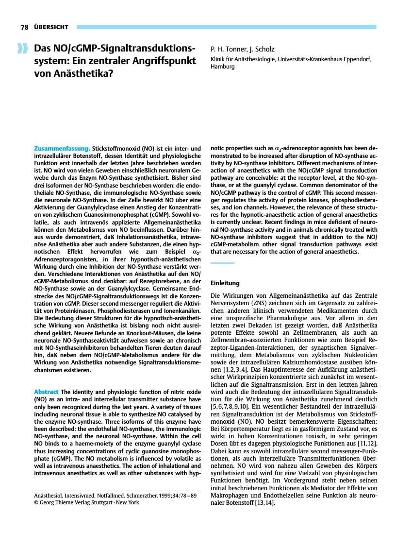 Vorschauseite 1: Das NO/cGMP-Signaltransduktionssystem: Ein zentraler Angriffspunkt von Anästhetika?