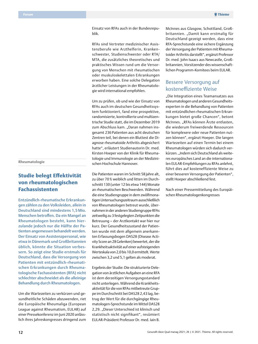 Vorschauseite 1: Rheumatologie - Studie belegt Effektivität von rheumatologischen Fachassistenten