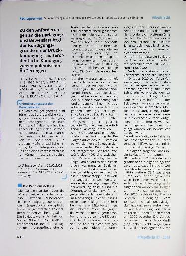 Vorschauseite 1: Zu den Anforderungen an die Darlegungsund Beweislast bezüglich der Kündigungsgründe einer Druckkündigung - außerordentliche Kündigung wegen polemischer Äußerungen.