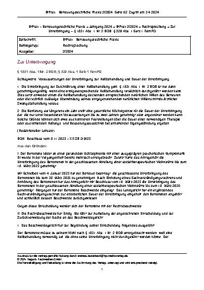 Vorschauseite 1: Zur Unterbringung Schlagworte: Voraussetzungen der Unterbringung zur Heilbehandlung und Dauer der Unterbringung