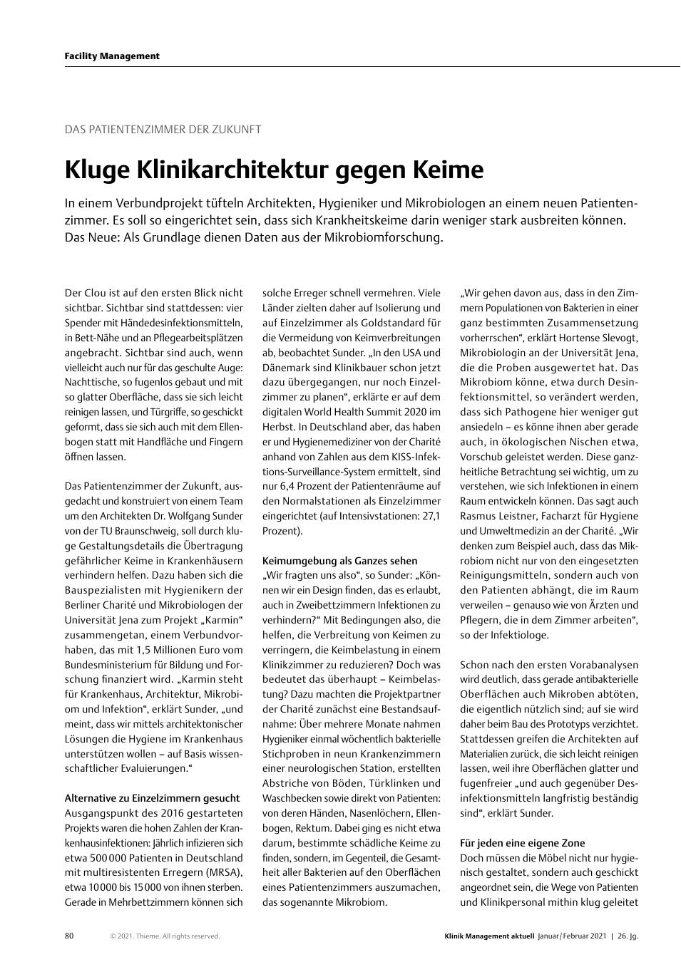 Vorschauseite 1: Das Patientenzimmer der Zukunft: Kluge Klinikarchitektur gegen Keime