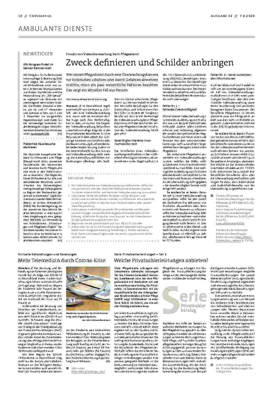 Vorschauseite 1: Einsatz von Videoüberwachung beim Pflegedienst: Zweck definieren und Schilder anbringen.