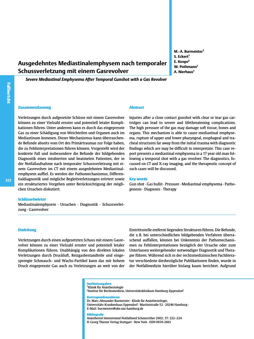 Vorschauseite 1: Ausgedehntes Mediastinalemphysem nach temporaler Schussverletzung mit einem Gasrevolver