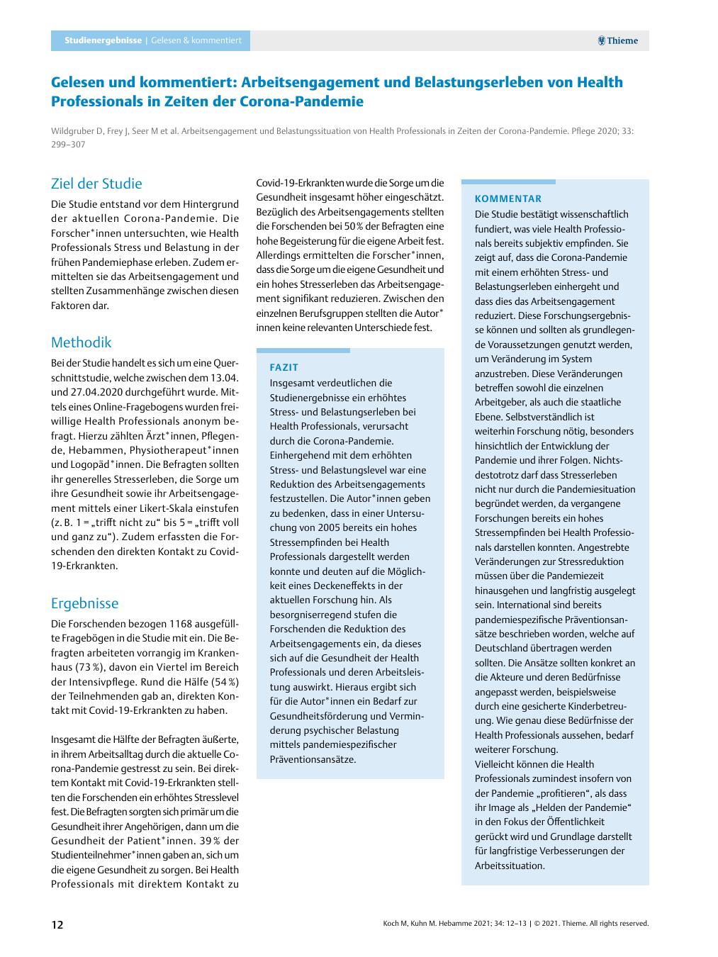 Vorschauseite 1: Gelesen und kommentiert: Arbeitsengagement und Belastungserleben von Health Professionals in Zeiten der Corona-Pandemie
