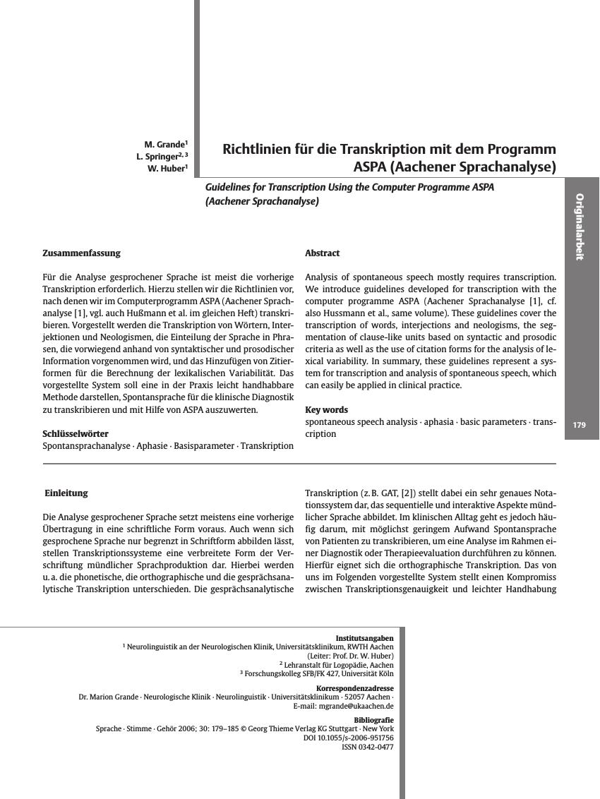 Vorschauseite 1: Richtlinien für die Transkription mit dem Programm ASPA (Aachener Sprachanalyse)