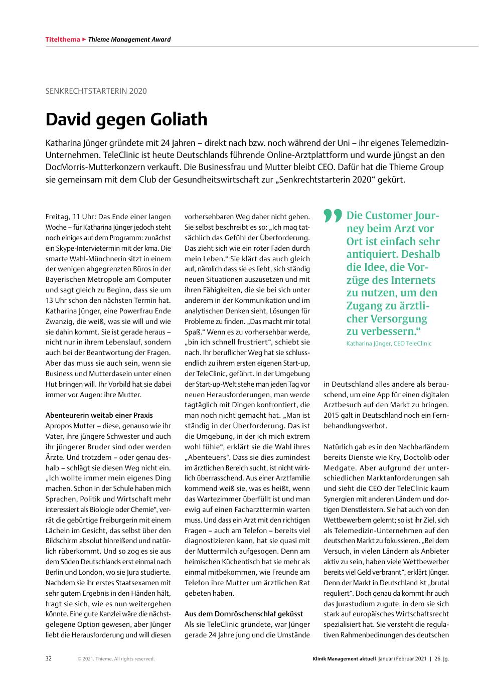Vorschauseite 1: Senkrechtstarterin 2020: David gegen Goliath