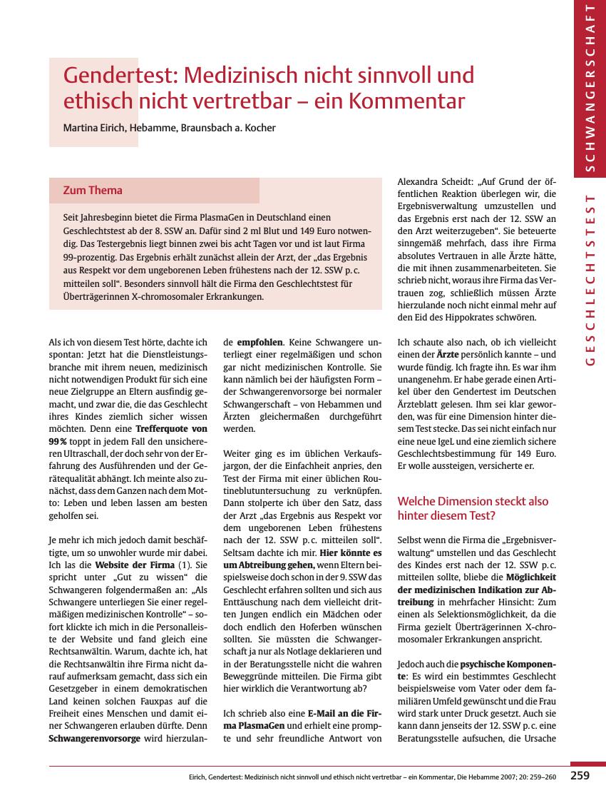 Vorschauseite 1: Gendertest: Medizinisch nicht sinnvoll und ethisch nicht vertretbar - ein Kommentar