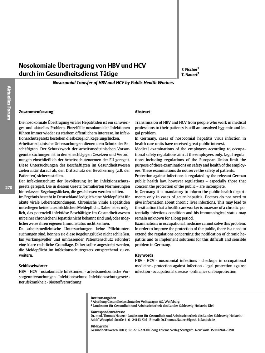Vorschauseite 1: Nosokomiale Übertragung von HBV und HCV durch im Gesundheitsdienst Tätige