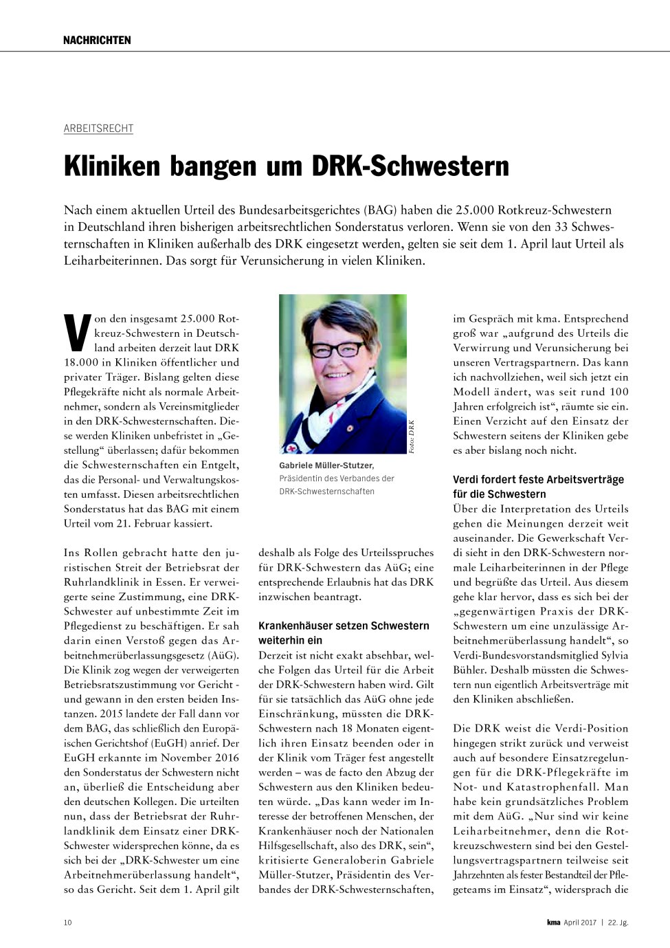 Vorschauseite 1: Arbeitsrecht: Kliniken bangen um DRK-Schwestern