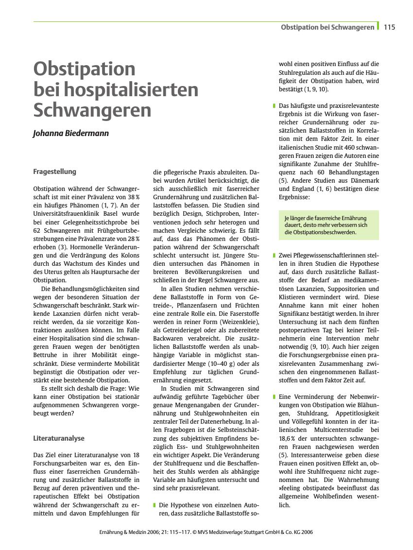 Vorschauseite 1: Obstipation bei hospitalisierten Schwangeren