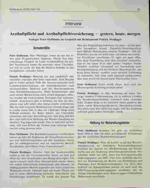 Vorschauseite 1: Arzthaftpflicht und Arzthaftpflichtversicherung — gestern, heute, morgen