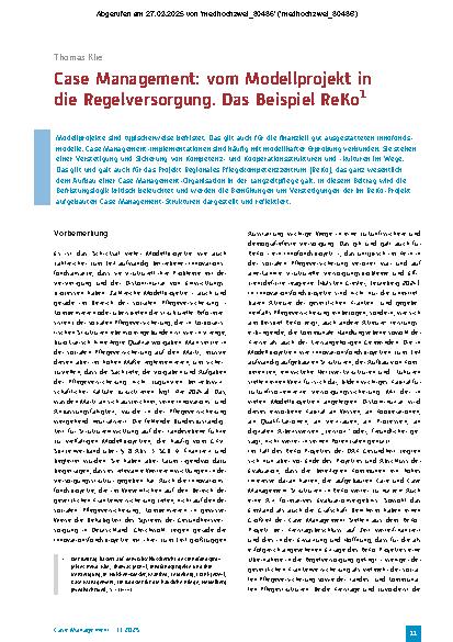 Vorschauseite 1: Case Management: vom Modellprojekt in die Regelversorgung. Das Beispiel ReKo1