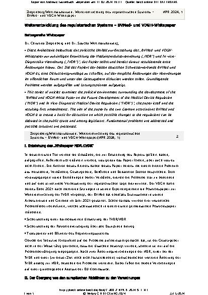 Vorschauseite 1: Weiterentwicklung des regulatorischen Systems – BVMedund VDGH-Whitepaper