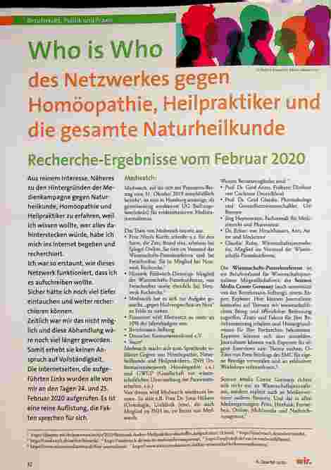 Vorschauseite 1: "Who is Who des Netzwerkes gegen Homöopathie, Heilpraktiker und die gesamte Naturheilkunde. Recherche-Ergebnisse vom Februar 2020."