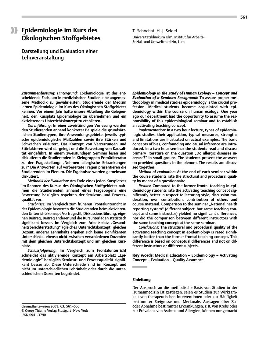 Vorschauseite 1: Epidemiologie im Kurs des Ökologischen Stoffgebietes