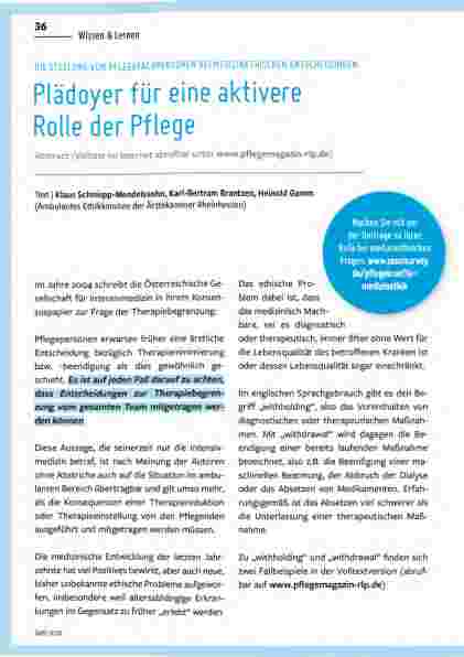 Vorschauseite 1: DIE STELLUNG VON PFLEGEFACHPERSONEN BEI MEDIZINETHISCHEN ENTSCHEIDUNGEN Plädoyer für eine aktivere Rolle der Pflege