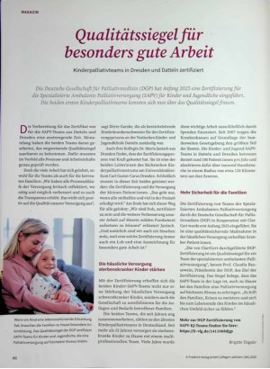 Vorschauseite 1: Qualitätssiegel fiir besonders gute Arbeit Kinderpalliativteams in Dresden und Datteln zertifizier