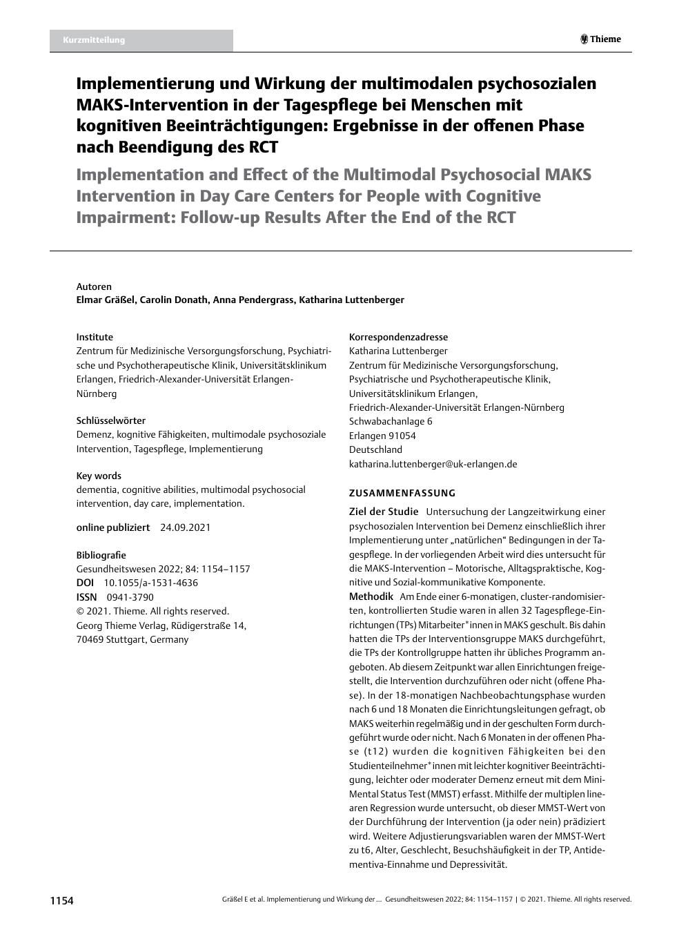 Vorschauseite 1: Implementierung und Wirkung der multimodalen psychosozialen MAKS-Intervention in der Tagespflege bei Menschen mit kognitiven Beeinträchtigungen: Ergebnisse in der offenen Phase na…