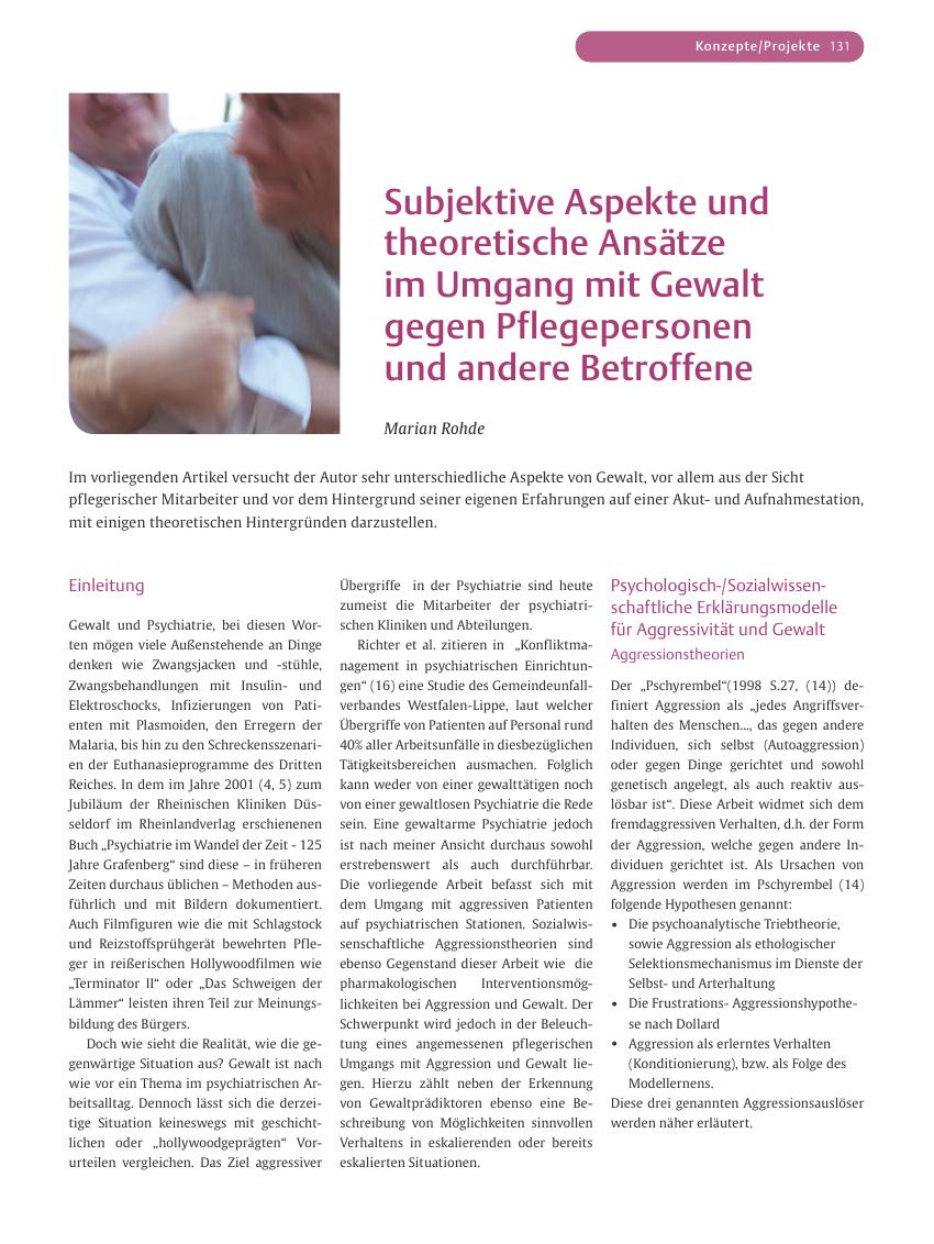 Vorschauseite 1: Subjektive Aspekte und theoretische Ansätze im Umgang mit Gewalt gegen Pflegepersonen und andere Betroffene