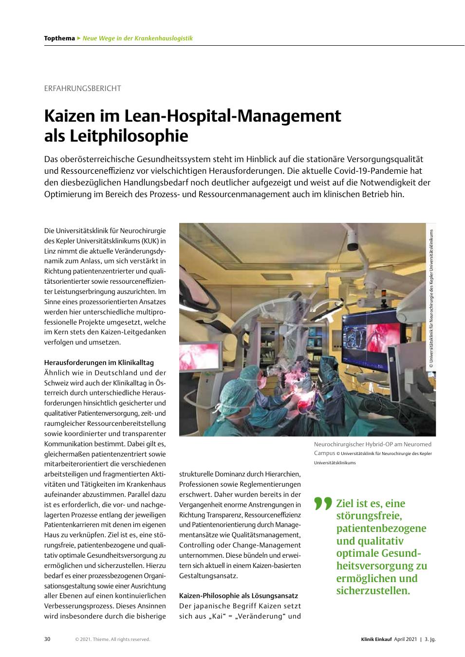 Vorschauseite 1: Erfahrungsbericht: Kaizen im Lean-Hospital-Management als Leitphilosophie