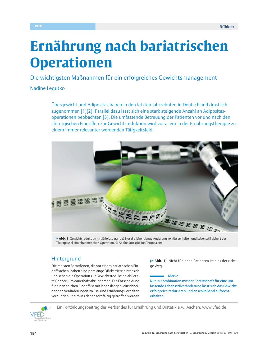 Vorschauseite 1: Ernährung nach bariatrischen Operationen