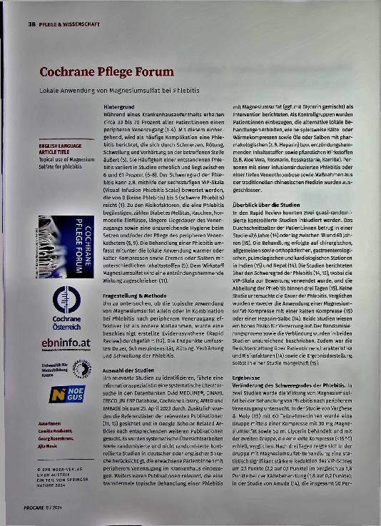 Vorschauseite 1: Cochrane Pflege Forum Lokale Anwendung von Magnesiumsulfat bei Phlebitis