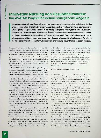 Vorschauseite 1: Innovative Nutzung von Gesundheitsdaten: Das AVATAR-Projektkonsortium schlägt neue Wege ein