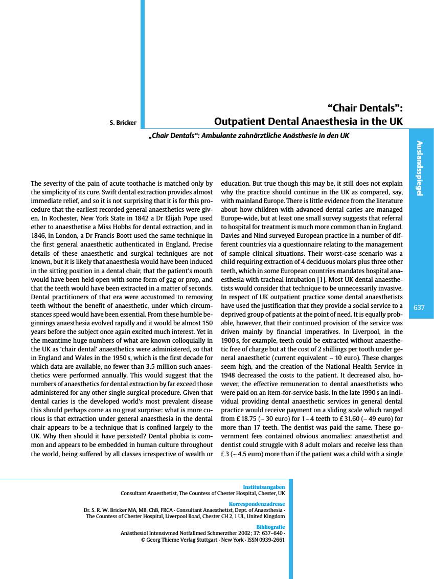 Vorschauseite 1: “Chair Dentals”: Outpatient Dental Anaesthesia in the UK