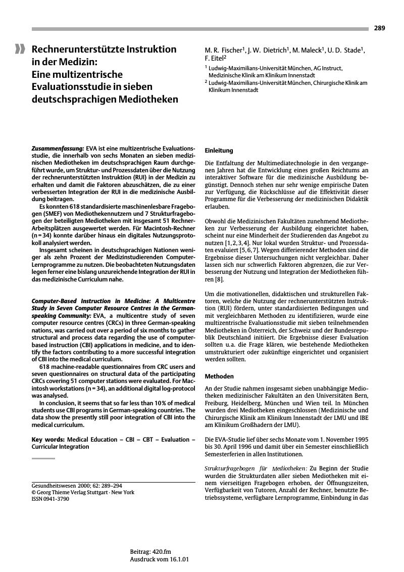 Vorschauseite 1: Rechnerunterstützte Instruktion in der Medizin:Eine multizentrische Evaluationsstudie in sieben deutschsprachigen Mediotheken